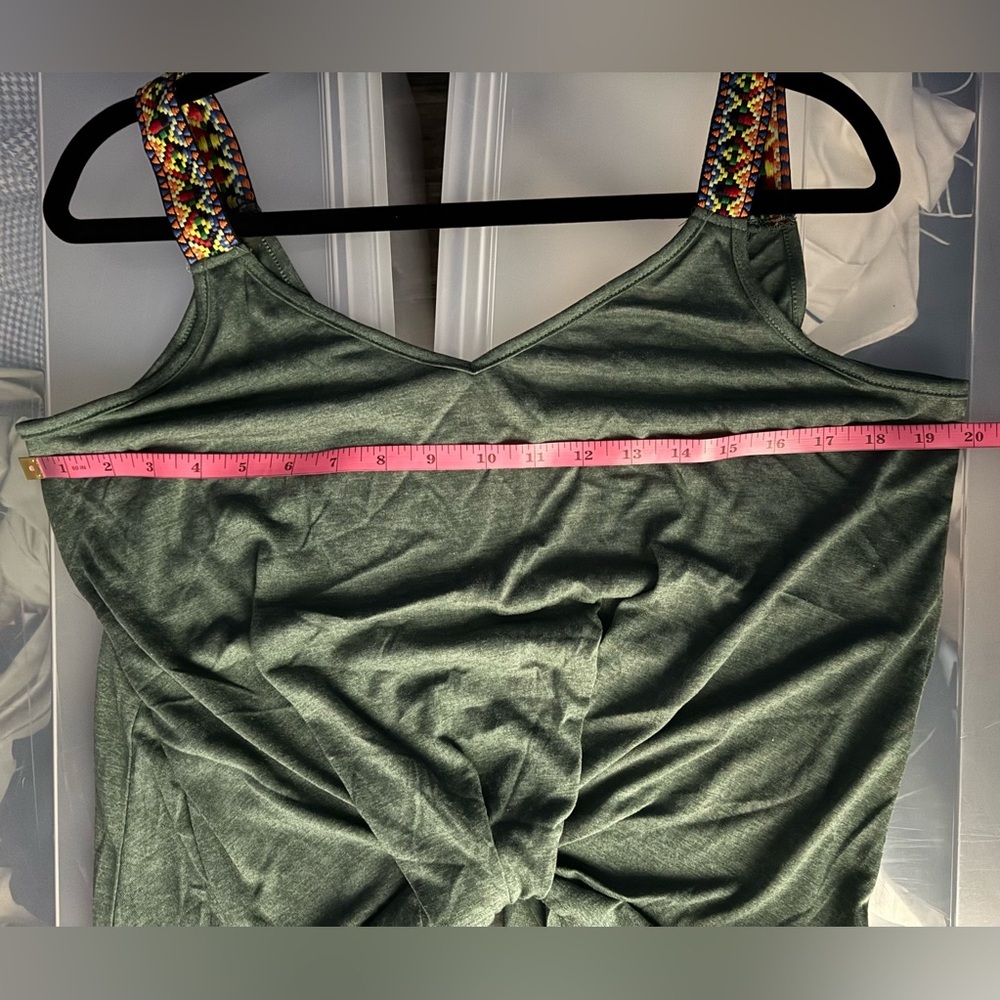 Women’s Green V-Neck Tank Top with Embroidered Straps - Picture 11 of 11